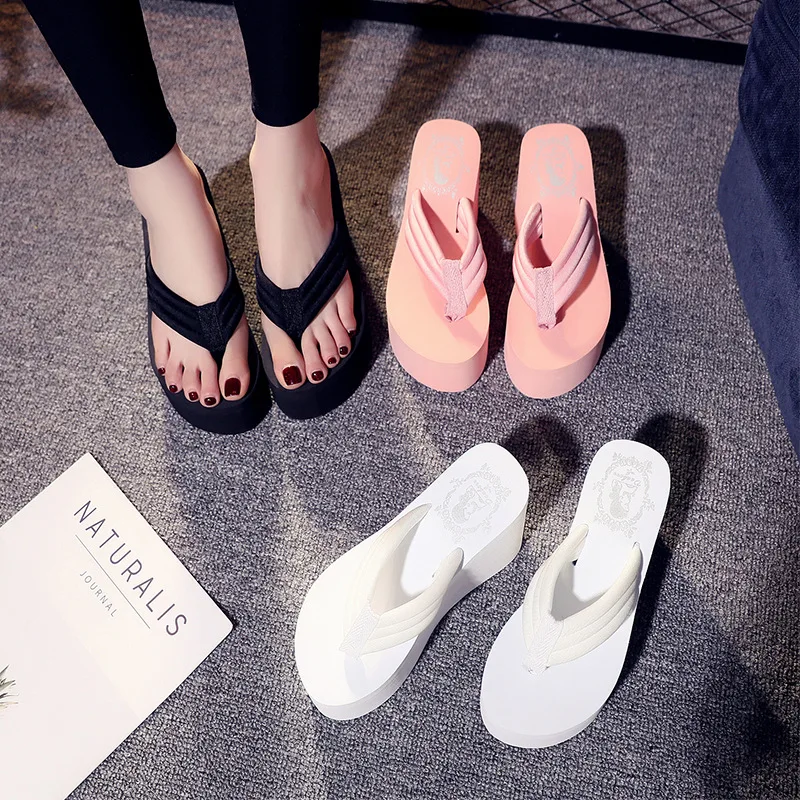 Fashion 2022 ladies summer logo slippers stained wedge heel platform flip-flops high heels beach sandals ladies thick high mujer