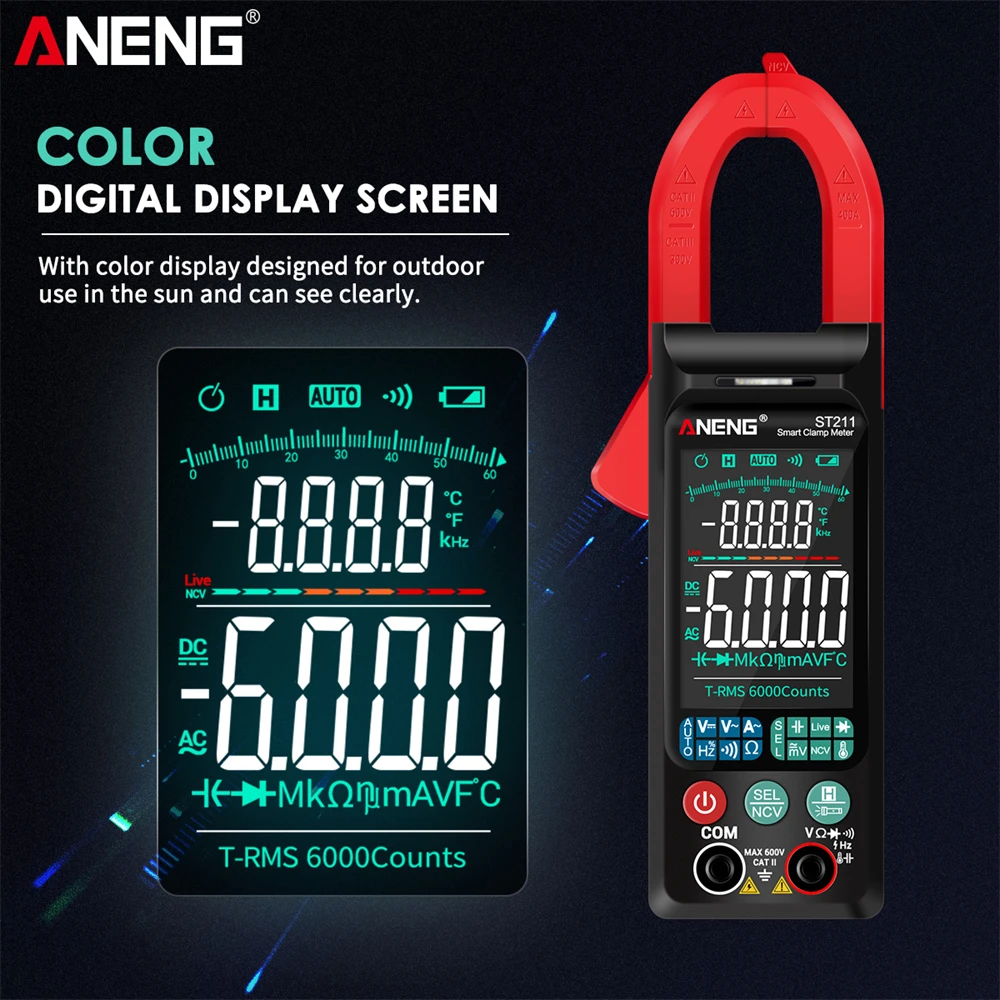 จอแสดงผลขนาดใหญ่หน้าจอ6000นับ ST211 Digital Clamp Meter มัลติมิเตอร์ DC AC แรงดันไฟฟ้าเครื่องทดสอบ Amp Hz NCV Ohm test