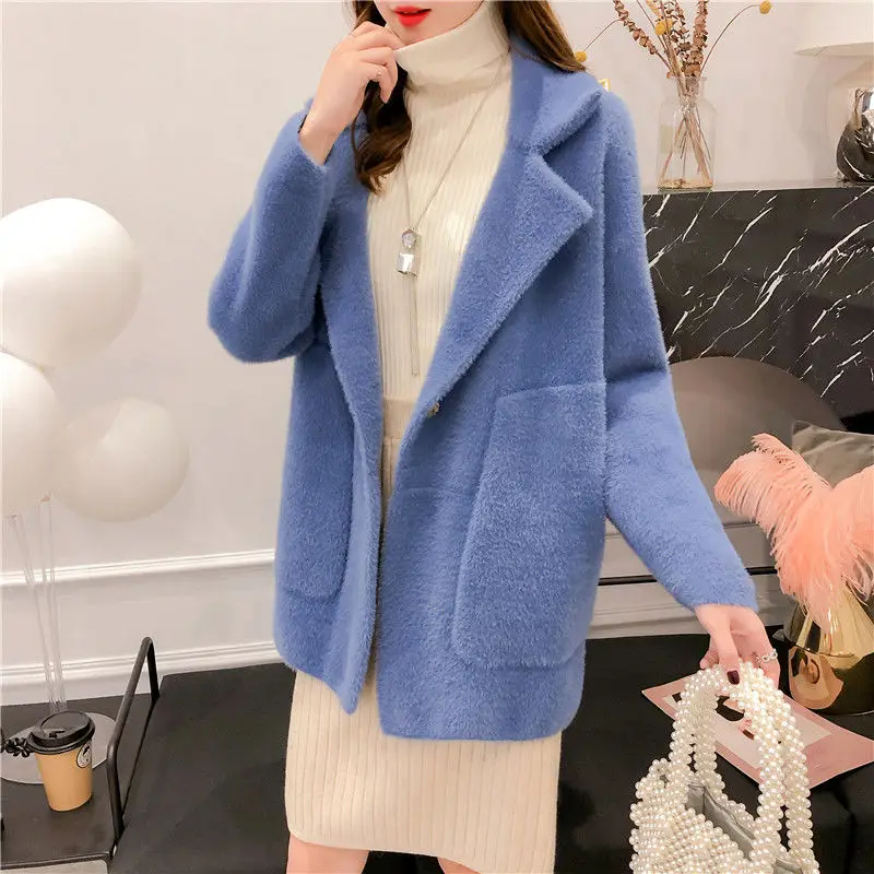 Imitation Mink Velvet Jackets Women's Mid-Length 2026New Autumn Winter Cardigan Coat Loose Overcoat Suit Collar Outwear Female