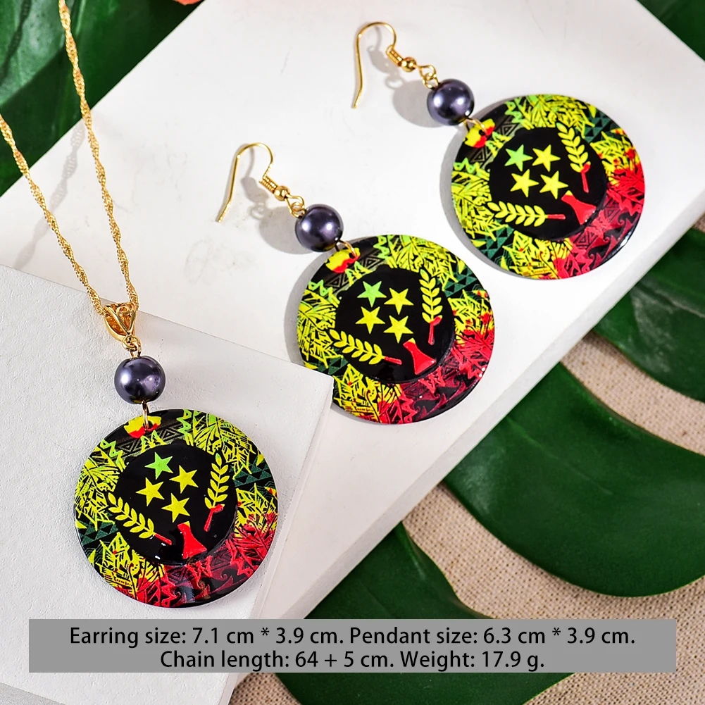 Cring Coco National Flag Pendant Necklace Set Fashion Polynesian Hawaiian Earing Acrylic Round Holiday Jewelry Sets for Women