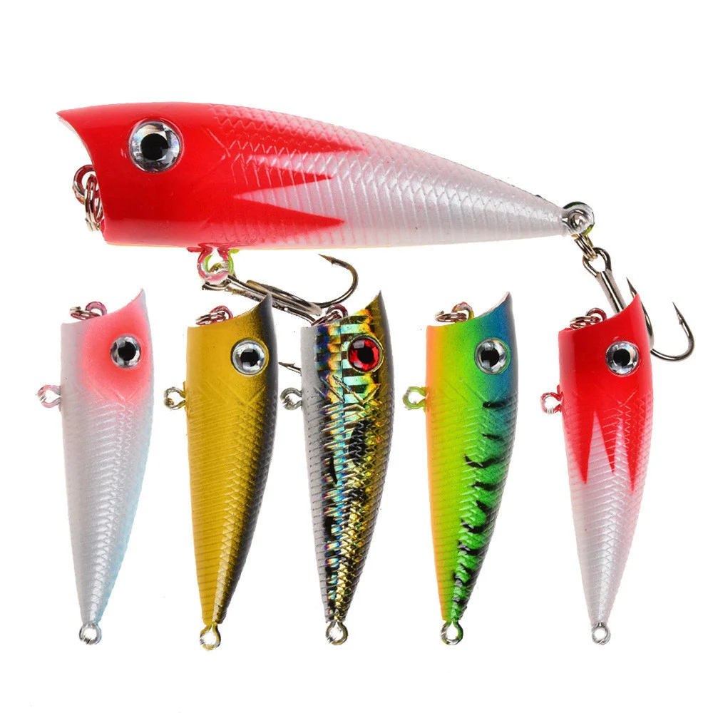 5pcs Popper Fishing Lure 6cm/6.5g Hard Bait Artificial Topwater Bass Trout Pike Wobbler Fishing Tackle with 2 Treble Hooks