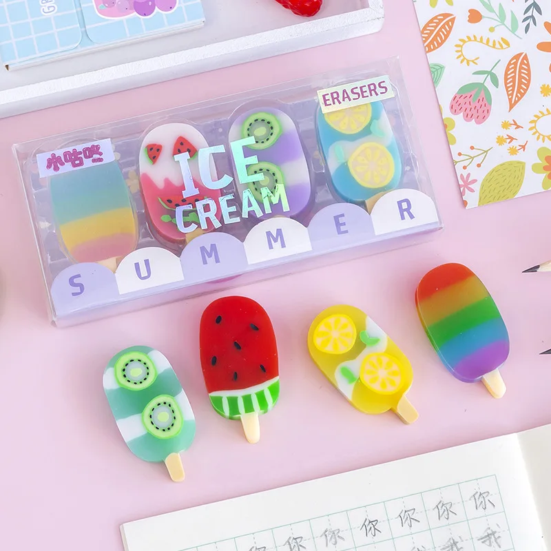 1 set Colorful Summer Ice Cream Fruits Rubber Eraser Kawaii Erasers School Supplies Stationery For Kids Students Cool Prizes