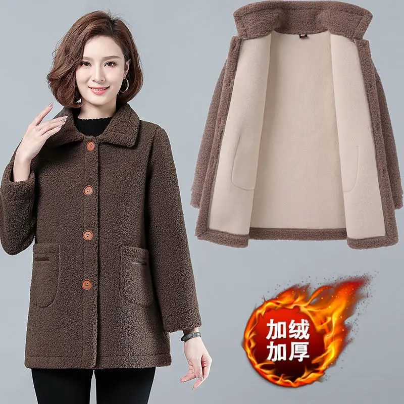 Women Autumn Winter Lambswool Coat  New Middle-aged Mother Fleece Jacket Add Velvet/No Velvet Overcoat  5XLA582