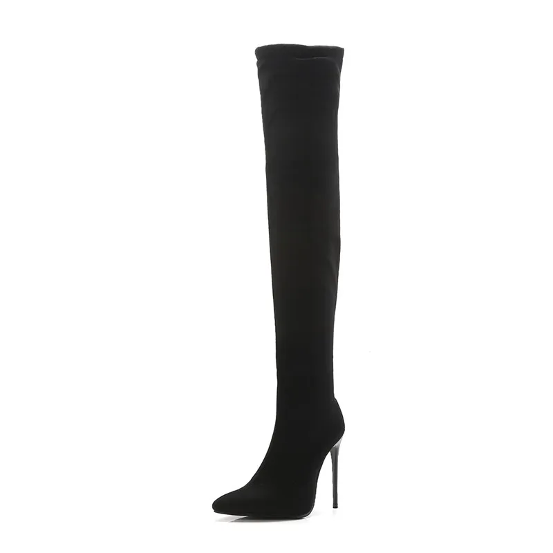 Thigh High Boots Women Autumn Spring Sexy Over the Knee Boots Stretch Flock High Heel Long Shoes Woman Big Size 45 48 Black Grey