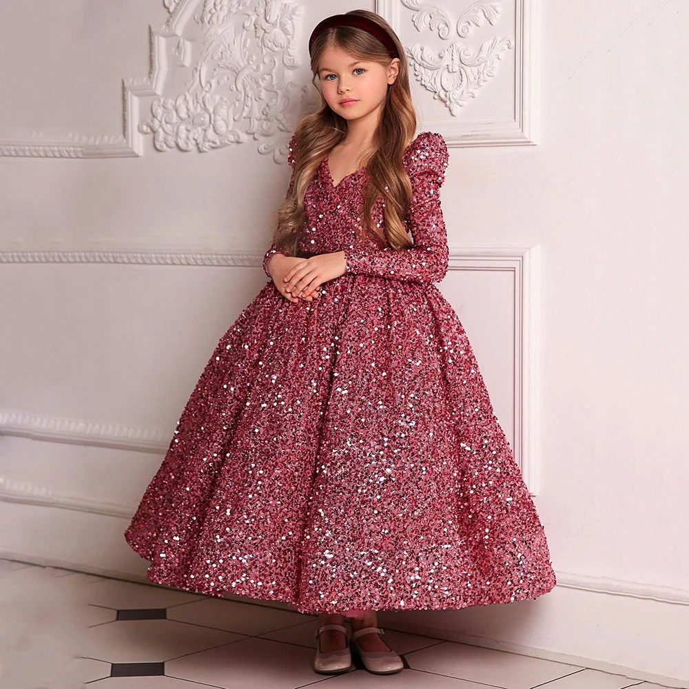 Sparkling Sequin Girl Pageant Dresses Customized V Neck Long Sleeves Ankle Length Glitter Flower  Dress Birthday Party Gowns