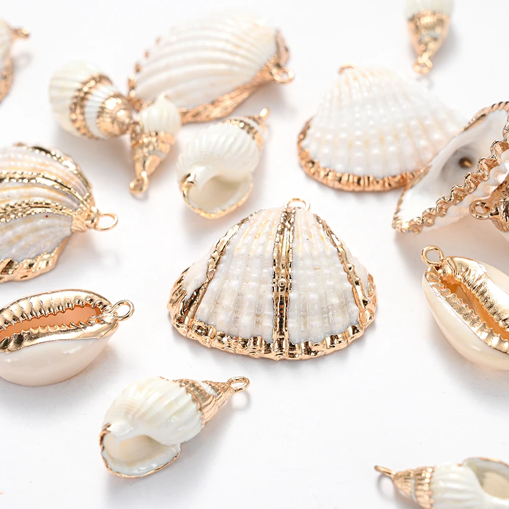 5pcs Natural Spiral Fan Seashell Beads Charm Rose Gold Plated Conch Shell Beads Jewelry for Handmade Necklace Earring