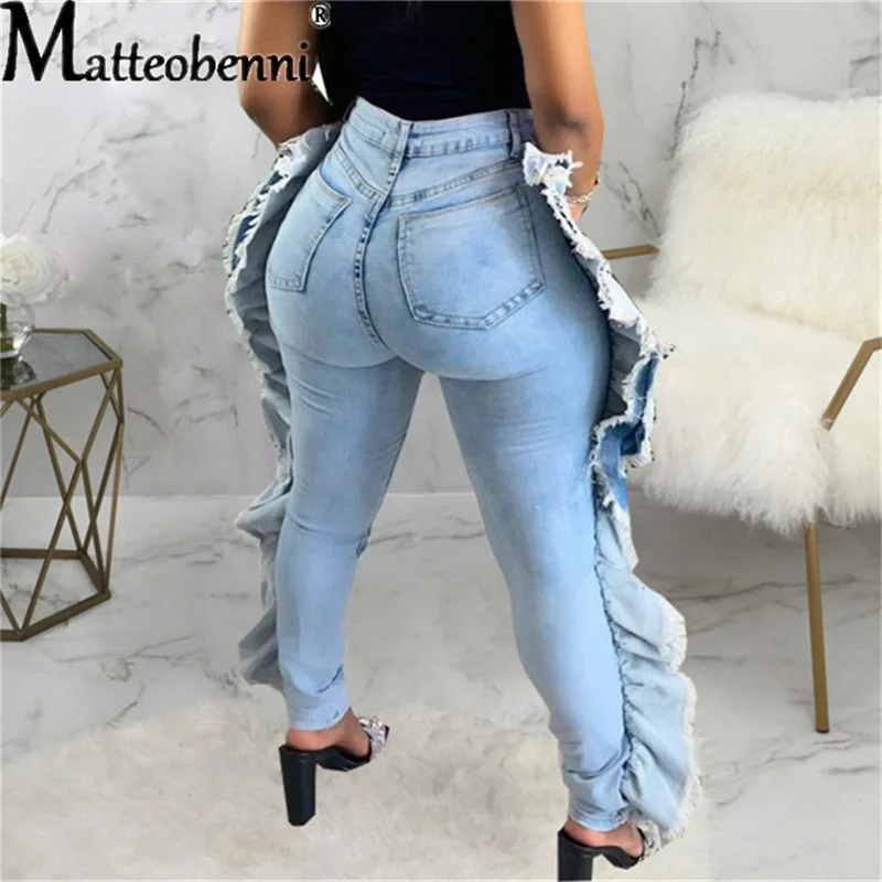 2021 Autumn Women Ripped Hole Side Ruffles High Waist Jeans Pockets Zipper Stretchy Skinny Pencil Denim Pants Fashion Trousers