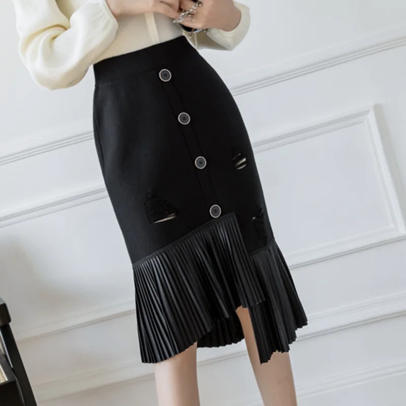 

Women's Fashionable Midi Skirts Patchwork High Waist Asymmetric Pleated Ruffles Edging Wrapping Mid-long Skirt Spring 2021