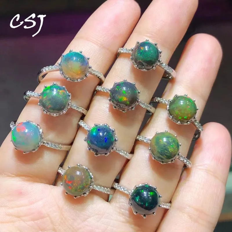 

CSJ Elegant Natural Ethiopia Opal Rings 925 Sterling Silver 1PC Gemstone 8mm Jewelry for Women Lady Wedding Party Gift