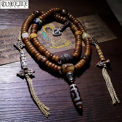 Blessed Mala Tibetan Natural Yak Bone Mala Three-eyes DZI Buddhist Yak Bone 108 Prayer Beads Tibetan Rosary Beads