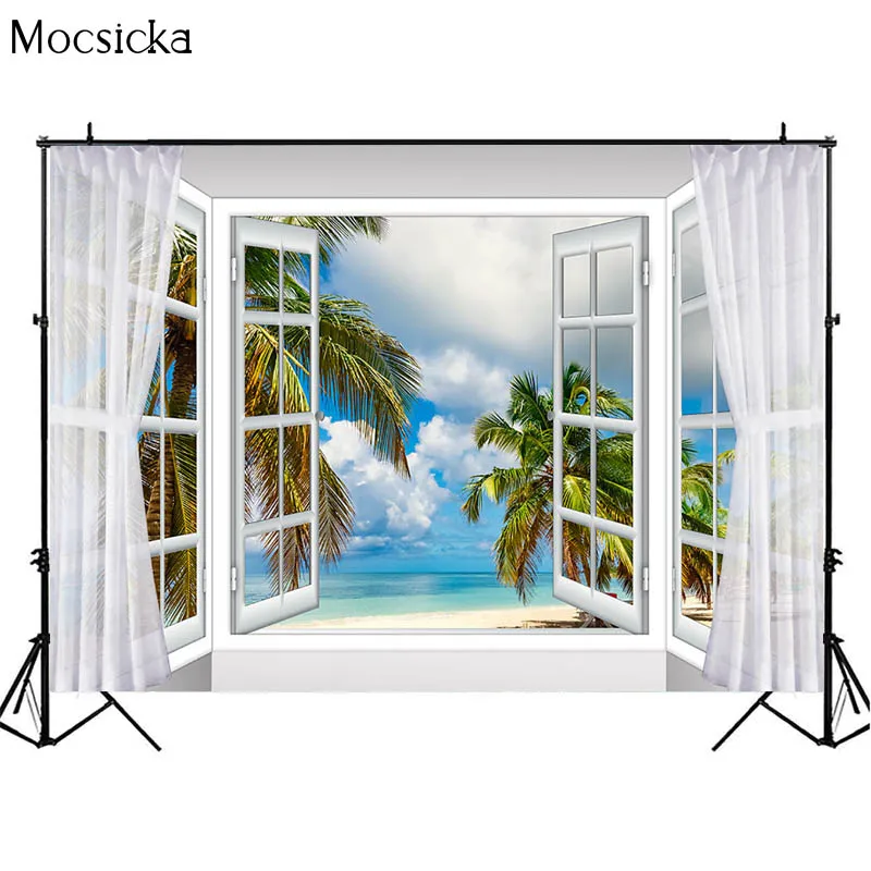 Mocsicka Summer Backdrop Window Sunshine Sea Beach Palm Tree Natural Scenic Background Photography Holiday Birthday Photo Studio