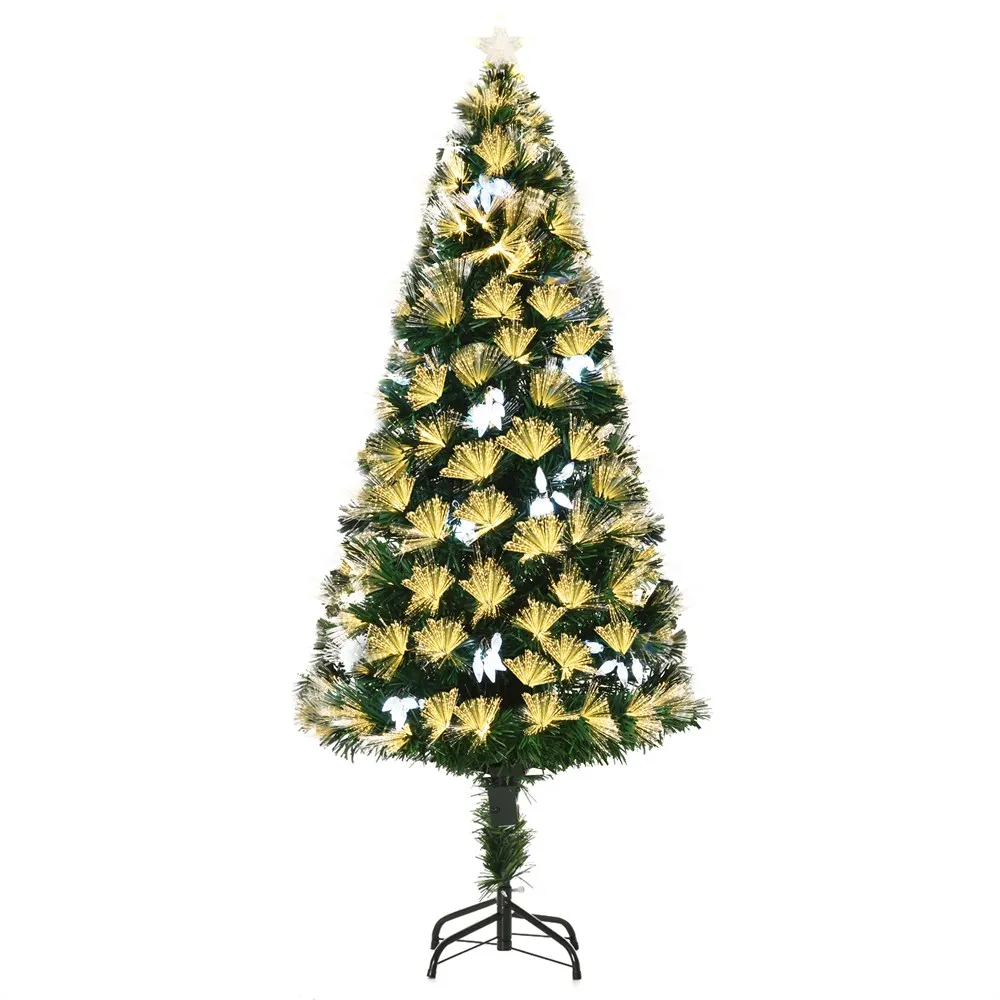 HOMCOM Artificial Christmas Tree 150 cm Luminous with Fiber Optic 170 LED Lights 8 Bright Modes 120 Beads White and 170 Branches Interior Decoration Ø 70x150 cm Green