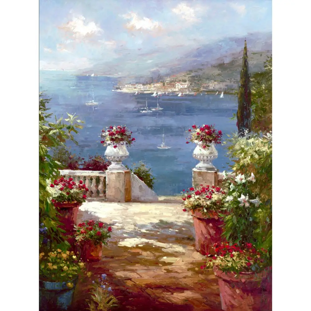 

Italian Garden Wall Art Canvas Oil Painting Handmade Mediterranean Seascape Cypress Vista Impressionist Artwork Home Decor