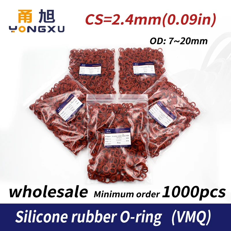 1000PCS/lot Red Silicon wholesale O-ring VMQ CS2.4mm Thickness OD7/8/9/10/11/12/13/14/15/16/17/18/19/20mm O Ring Seal Rubber