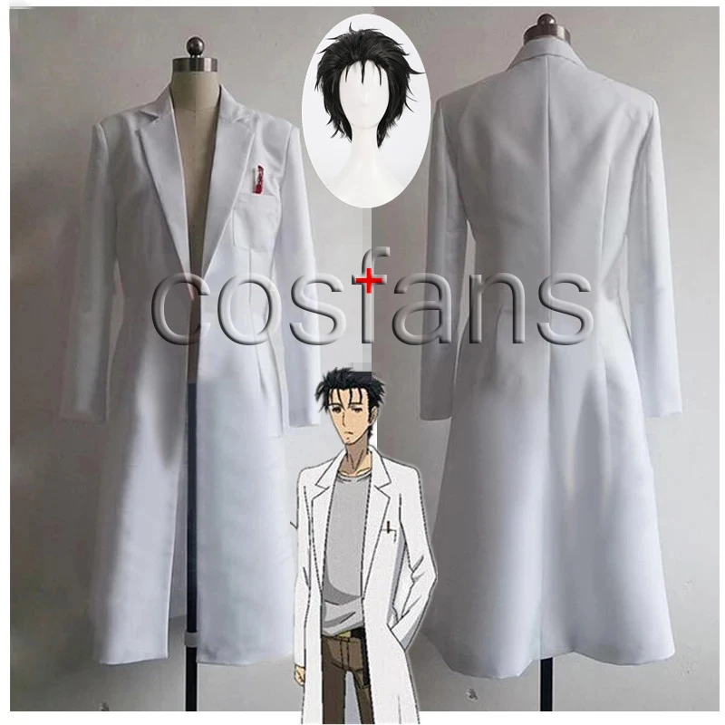 Steins Gate Okabe Rintarou Cosplay Costume Coat Long Jacket White Jacket costume cos wigs Mad Scientist White coat costume