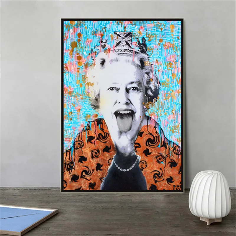 UK Queen Sticking Tongue Out Poster and Prints Cute Pop Graffiti Art Canvas Figure Wall Painting Pictures Room Decor Cuadros