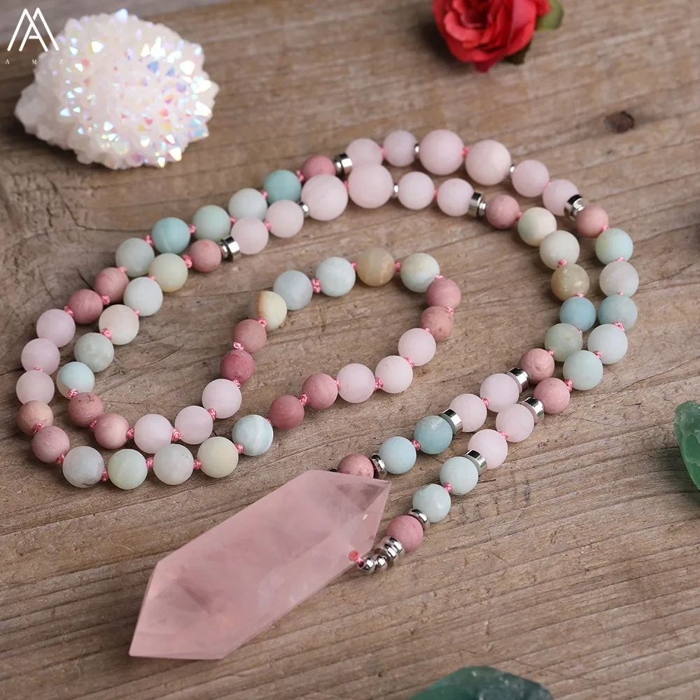 Natürliche Rosa Quarz Doppel Stick Punkt Anhänger 8mm Verfilzte Amazonit Rosen Quarz Runde Perlen Schnur Verknotet Mala Halskette Schmuck – Detail 4