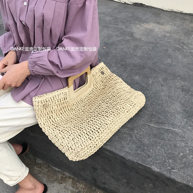 Rattan Large Capacity Totes for Women Casual Wicker Woven Wooden Handbags Summer Beach Straw Bag Lady Big Purses Travel Sac 2024