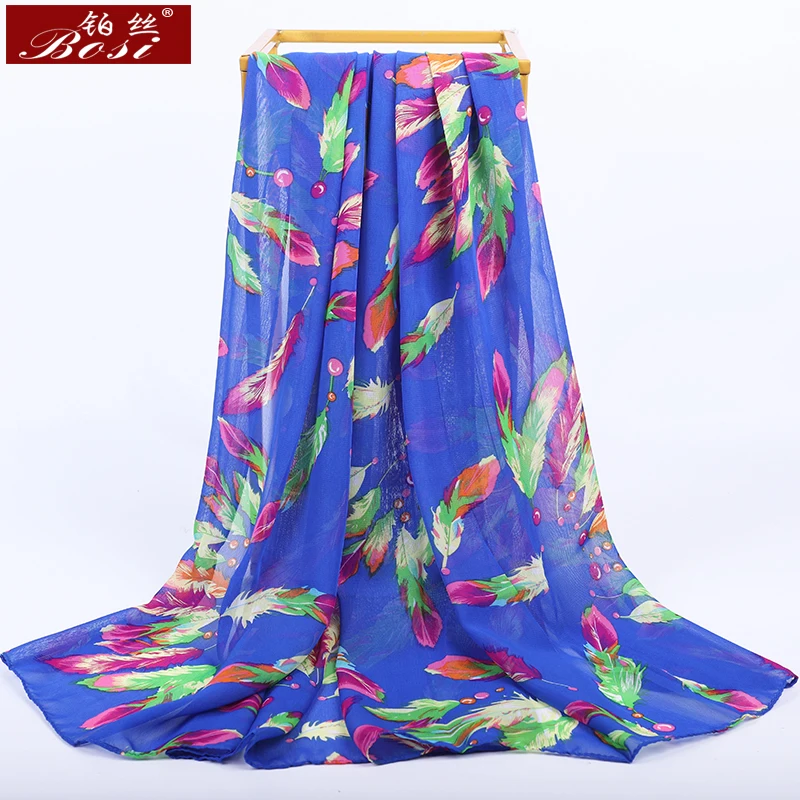 2020 New fashion Chiffon scarf feather print women bohemian blue summer luxury brand Multicolor ladies Long hijab shawl scarves