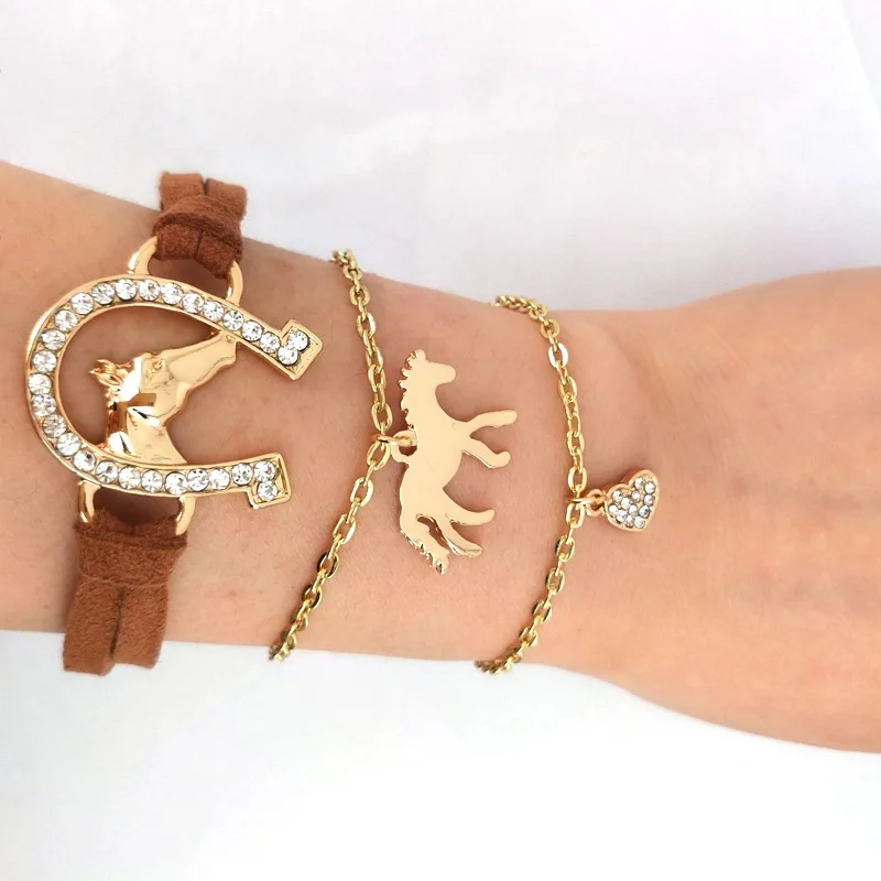hzew 3 pcs/set Leather rope horse head horseshoe bracelet gold color horse heart bracelets