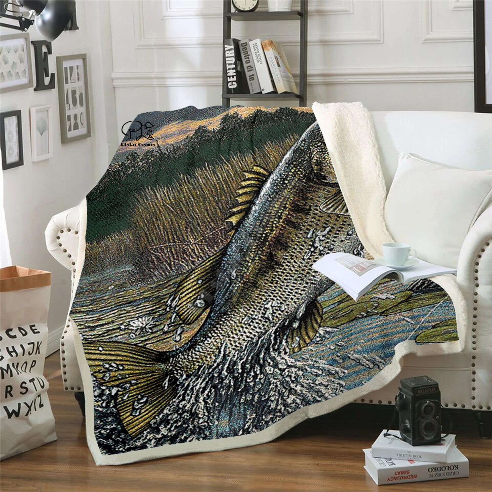 

Plstar Cosmos super black bass fish funny character Blanket 3D print Sherpa Blanket on Bed Home Textiles Dreamlike style-5