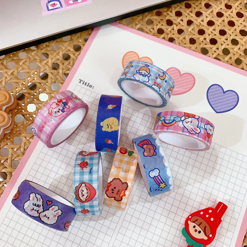 Desenhos animados Washi Tapes com urso bonito e grade coelho, decoração coreana, fita adesiva, DIY Scrapbooking, álbum de jornal, papelaria