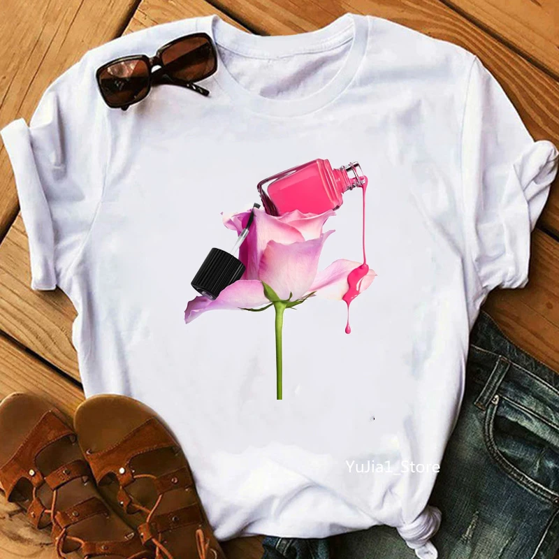 Summer Watercolor Nail Polish Print White T Shirt Funny Streetwear Ropa Mujer Tee Shirt Femme Cute Girl Female T-Shirt