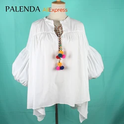 new shirt blouse top white leisure large size loose puff sleeve long v-neck with colorful pompom