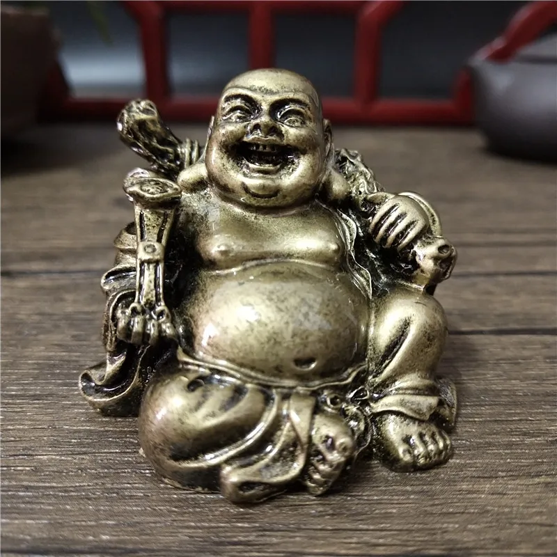 Bronze Color Chinese Laughing Buddha Statue Ornaments Resin Feng Shui Lucky Maitreya Buddha Sculpture Figurines Home Decoration