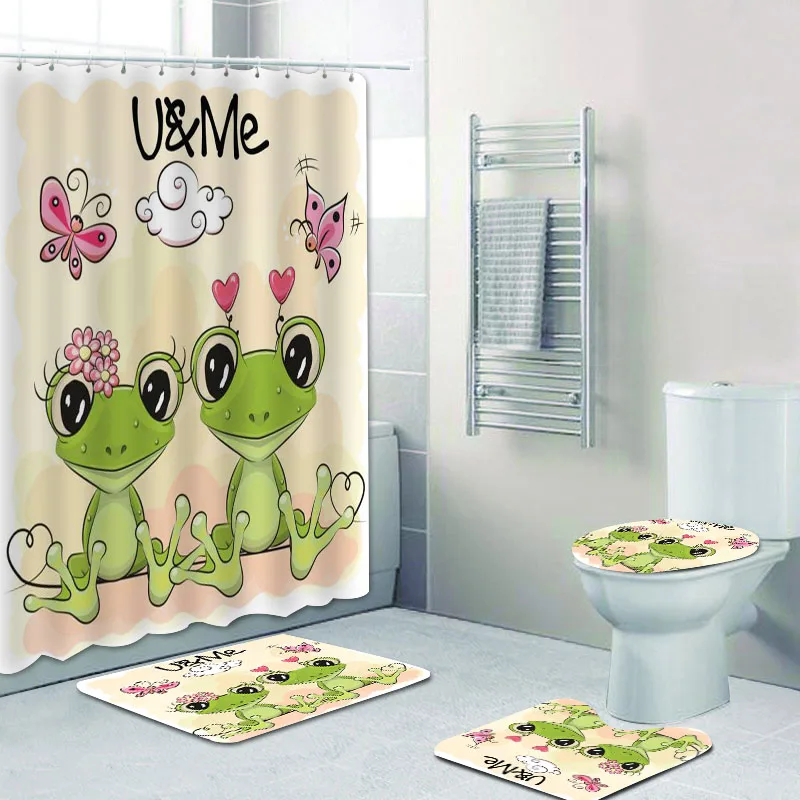 Cartoon Sketch Cat Love Shower Curtain Set for Bathroom Cute Animal Couple Kitten Bath Mats Wedding Valentine Gift Toilet Decor