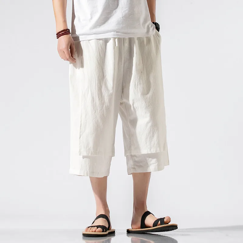 Plus size M-8XL Cotton Linen Wild Leg Pants Casual Loose Calf-Length Pants Man Bloomers Summer Baggy Traditional Pants Trousers