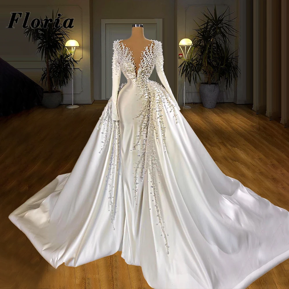 

Luxury Pearls Beading Wedding Dresses Long Vestido De Novia 2021 Custom Arabic Dubai Satin Bride Dress Saudi Arabia Bridal Gowns