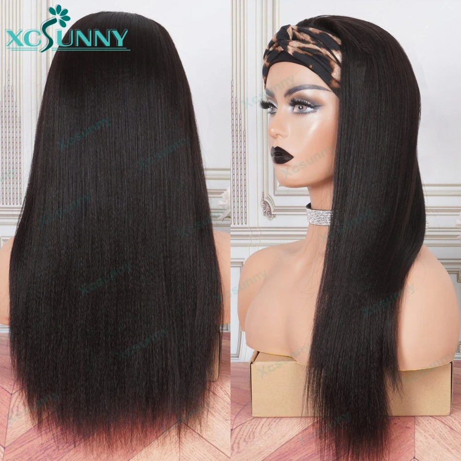 

Light Yaki Straight Human Hair Wig With Headband Remy Brazilian Full Machine Made Wig For Black Women Easy To Install xcsunny
