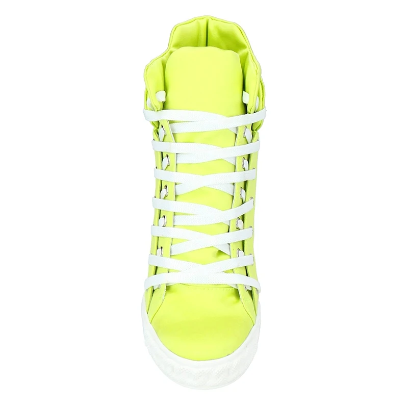 Bright Fluorescein Height Increasing High Top Sneaker Neon Yellow Lace Up Ankle Booties Women Inner Wedge Heel Casual Shoes