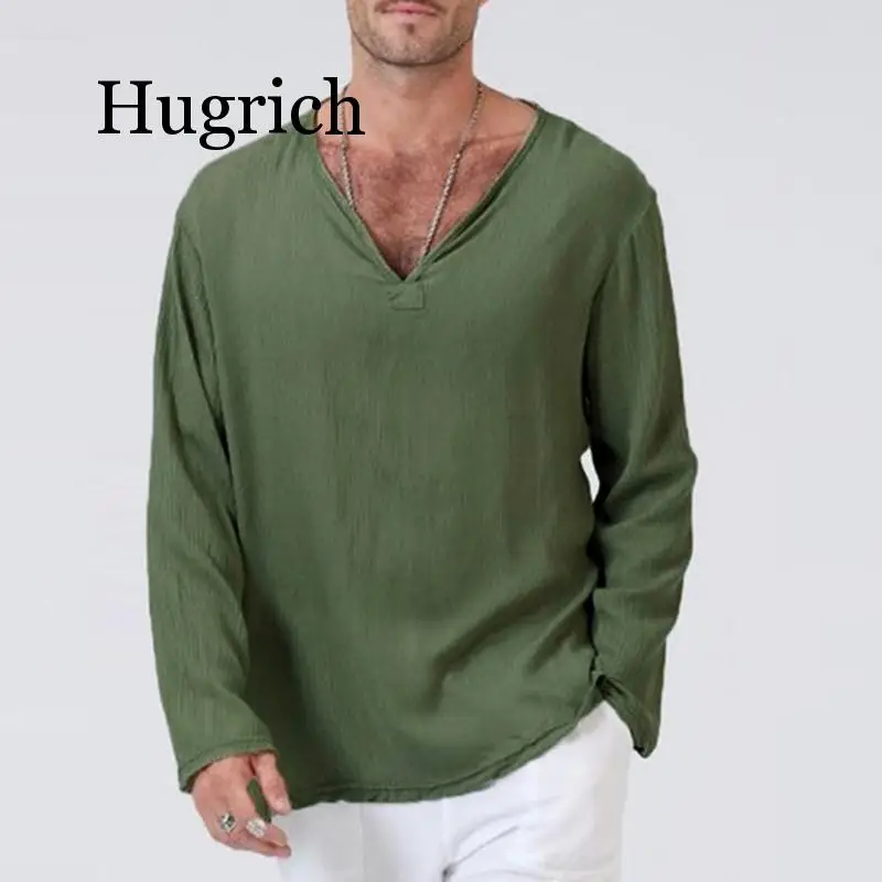 Mens V Neck T Shirts Full Sleeves Linen Cotton Long Sleeve T-Shirt Men Gothic Hippie Clothing Loose Male t shirt Autumn Spring