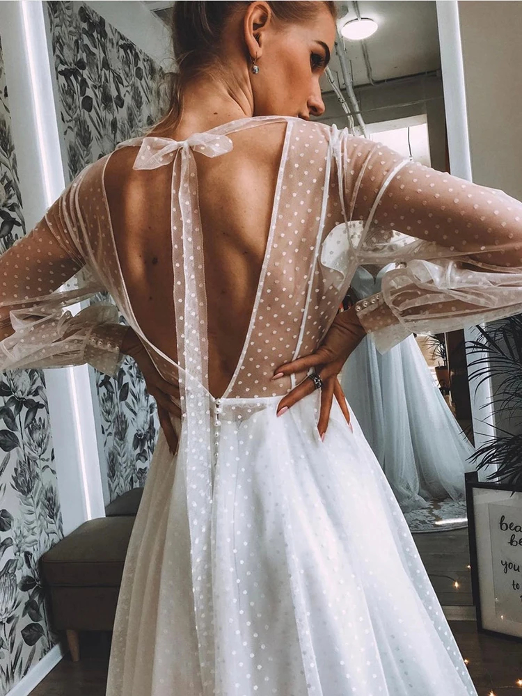 Foto real transparente bolinhas tule vestidos de casamento mangas compridas feito sob encomenda uma linha praia alto split barco pescoço vestido de noiva