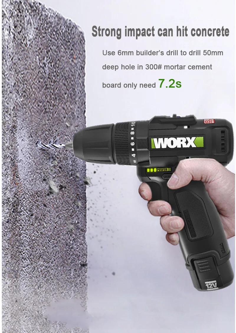 WORX WE211 10 مللي متر 12 فولت بطارية ليثيوم بدون فرشاة تأثير الحفر مفك الحفر الخشب/الخرسانة/الصلب سائق-الصناعة/الحديقة-أدوات