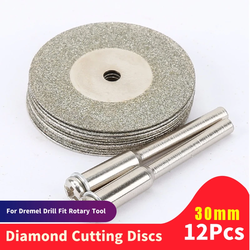 10pcs 30mm Diamond Cutting Discs Cut Off  Mini Diamond Saw Blade with 2pcs Connecting 3mm Shank for Dremel Drill Fit Rotary Tool