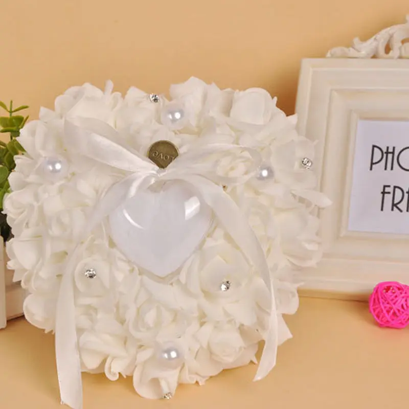 Caja de anillo de flores rosas en forma de corazón, funda de joyería de boda romántica, portador de anillo, soporte de cojín, regalo del Día de San Valentín, 1 pieza