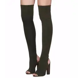 Thin Over the Knee Sock Peep Toe Boots Knit Stretch Women Boots Square Heels Shoes Sexy Party Dress Spring Autume Shoes Slio On