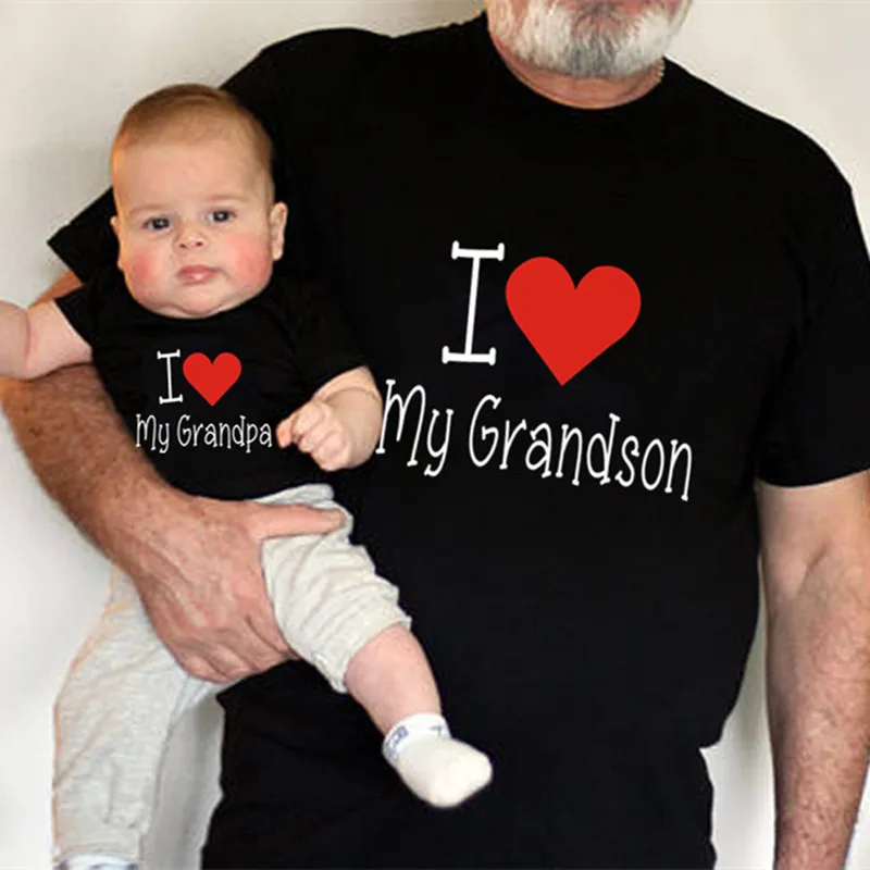 I Love My Grandpa and Grandson Family Matching Clothes Black T-shirts Short Sleeve Matching Family Look Outfits