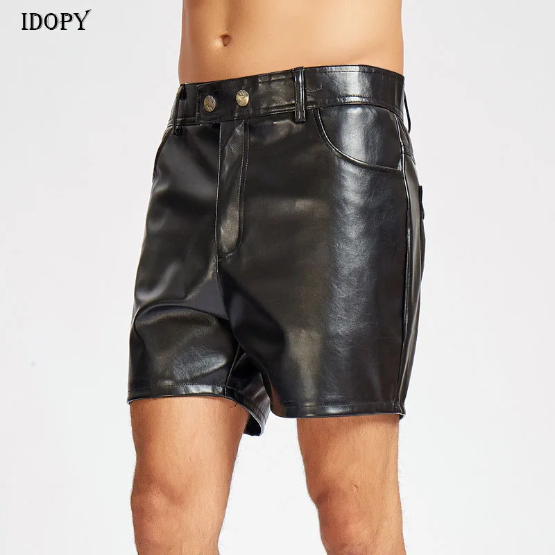 

Idopy Punk Leather Short Pants Male Hair Stylist Nightclub Summer PU Stage Performance Hip Hop Men Clothing Shorts