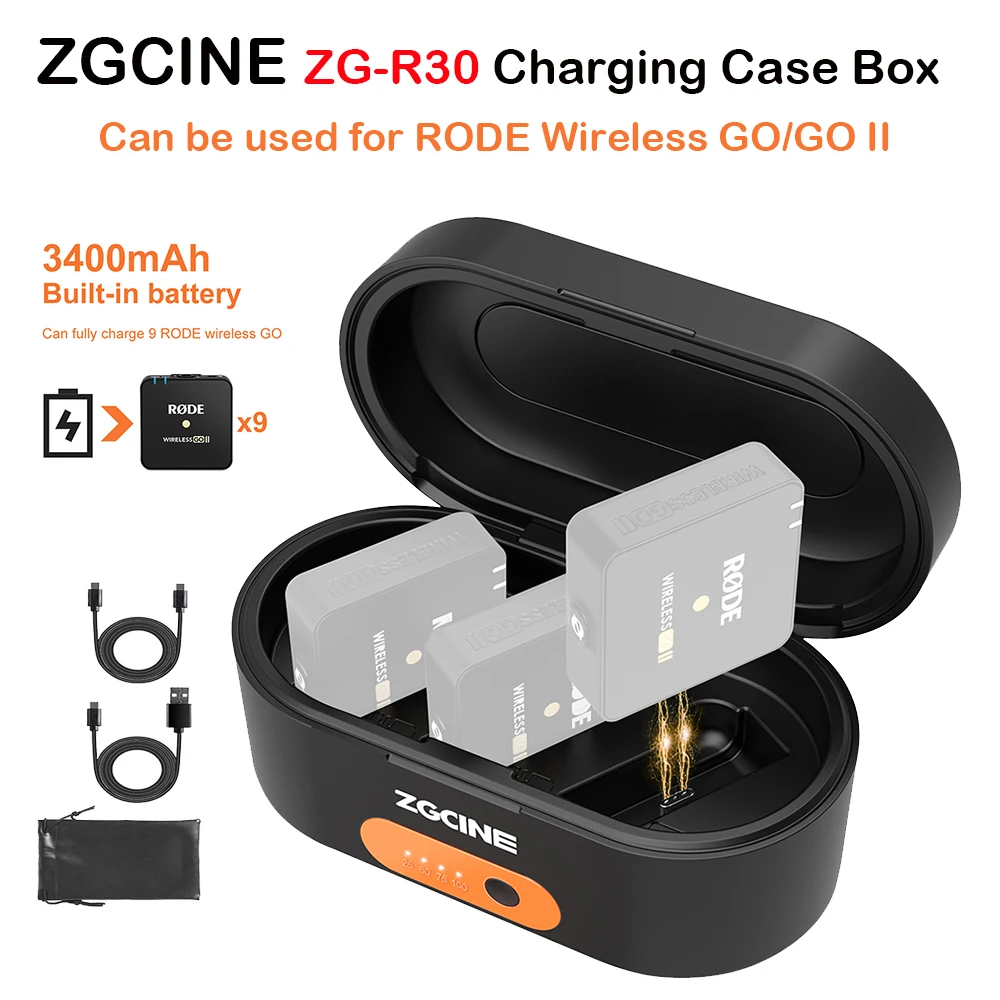 ZGCINE ZG-R30 Charging Case Box with 3000mAh Built-in Battery Portable Fast Charging Power Bank for Rode Wireless GO I II Mic