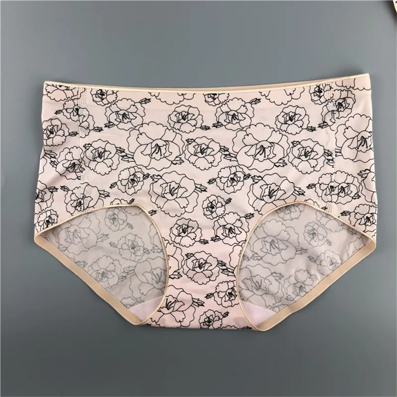 Women Panties Silk Satin Underwear Sexy Lingerie Peony Print Briefs Female Mid Waist Soft Sport Panty Femme Underpants Homewear