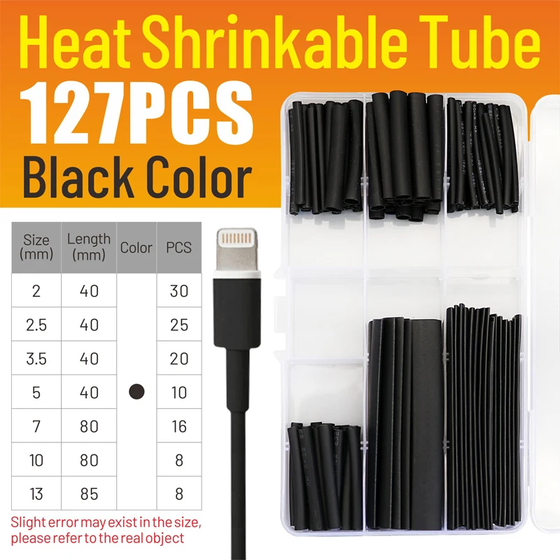 127PCS Heat Shrink Sleeving Tube 2:1Polyolefin Shrinkage Electrical Connection Wire Wrap Cable Waterproof Black Color