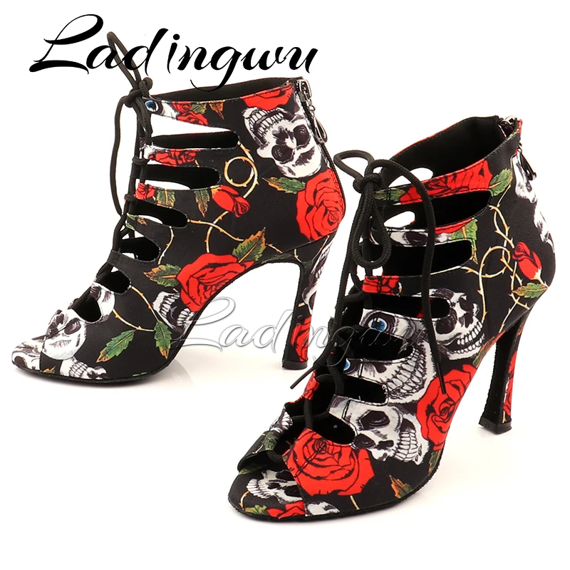 Ladingwu Professional Ballroom Dance Shoes Ladys Holloween Skull Salsa Dance Shoes Denim doodle 10cm Heeled Women Latin Dance Bo