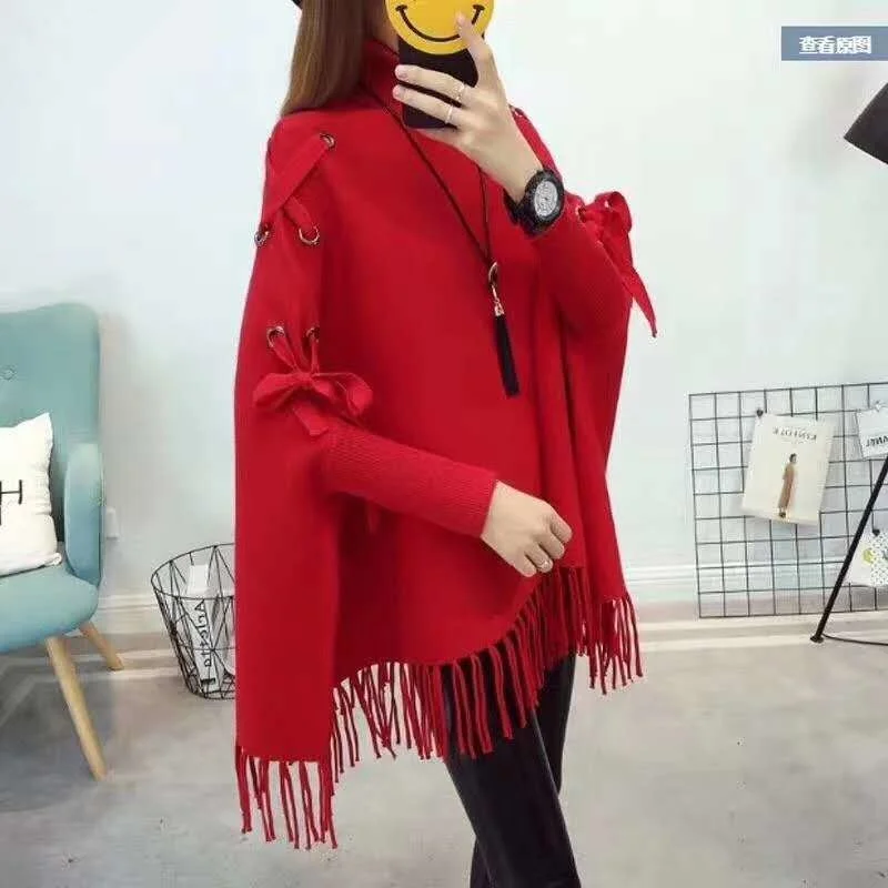 Women Cloak Sweater Drawstring Solid Casual Loose Batwing Sleeve Knitted Cape Pullover Spring Autumn Tassel Ladies Jumper Poncho