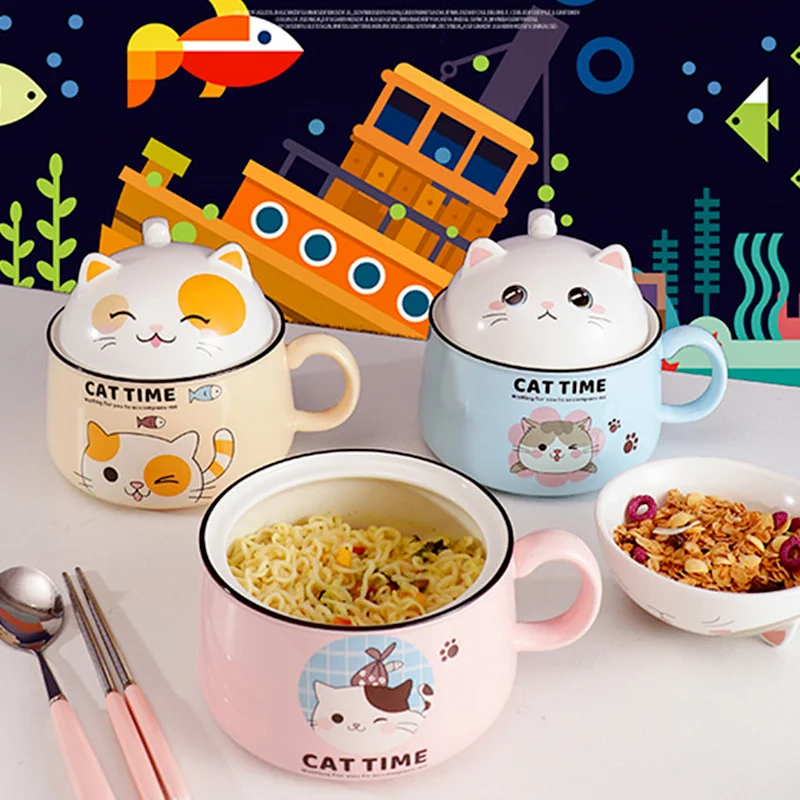 Creativity High Capacity Spoon with Lid Ceramics Instant Noodle Bowl Young Girl Dorm Room Student Office Super Large Bowl Mug