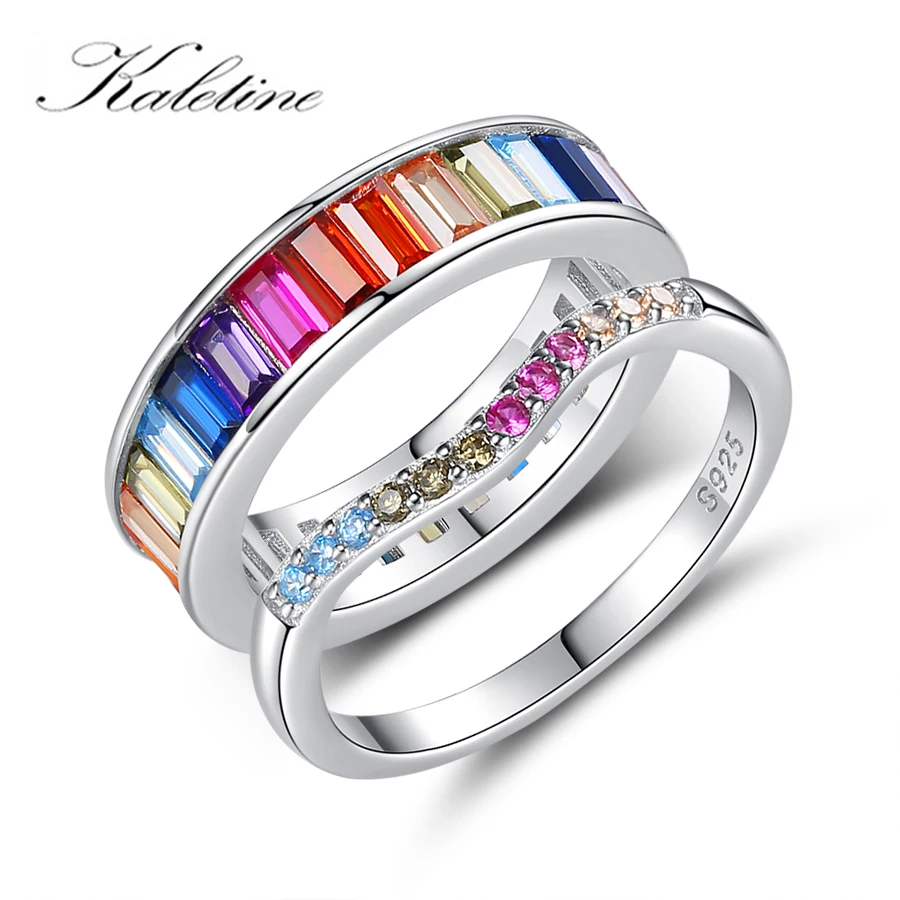 KALETINE 100% 925 Sterling Silver Colorful Rainbow Water Droplet Clear CZ Finger Rings for Women Wedding Engagement Jewelry Gift