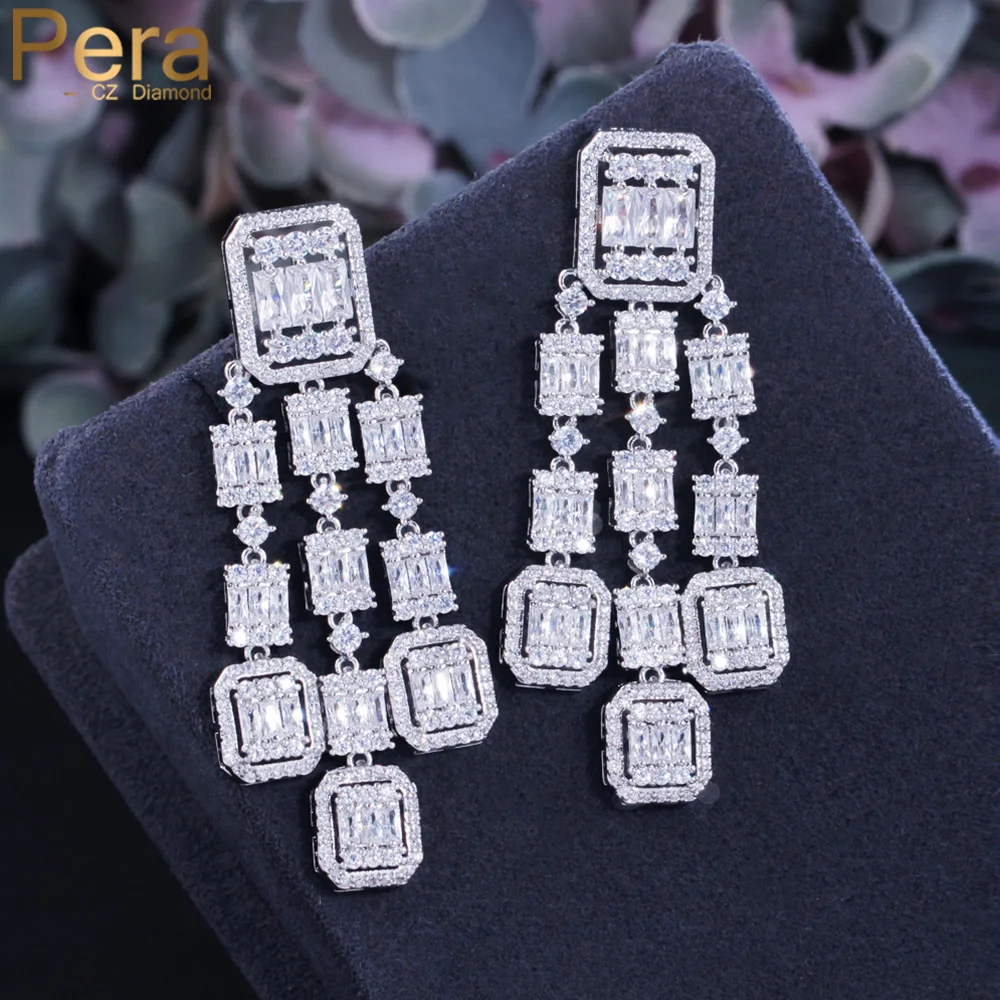 Pera Flawless Shiny White Cubic Zirconia Long Tassel Rectangle Shape Bridal Wedding Dangle Earrings for Women Jewelry Gift E823